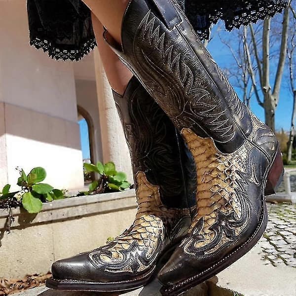 【NX】Python Western Boots Fargeblokk Broderi Herrestøvler Mote Moderne Sko 48