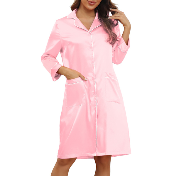 Kvinnor V-ringad nattskjorta Ren färg Snygg Elegant Knäppning Nattlinne Pyjamas klänning med ficka Rosa S