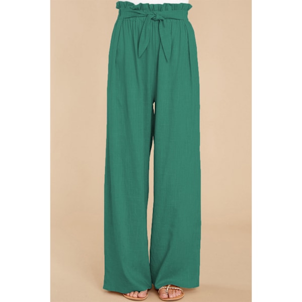 Løse bukser Vilde ben Høj talje elastisk taljebånd Sidelomme Flowy Slacks Bindende bælte Alsidig til kvinder Grøn L