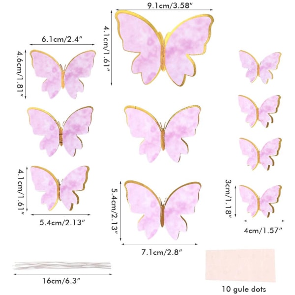 Ins stil guld-stemplet akryl runde sommerfugl fødselsdagskage kort kage dekoration 4 stykker 40 stykker (pink + lilla + pink striber + lilla striber)