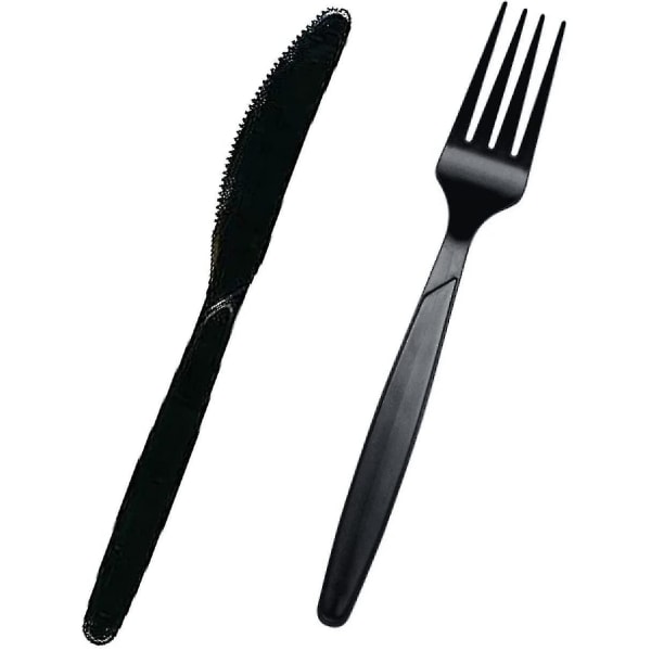 200 st set Premium kvalitet svart plast bestick | 100 gafflar + 100 knivar | Återanvändbara kraftiga plastbestick för fester, vardagsservis för middag