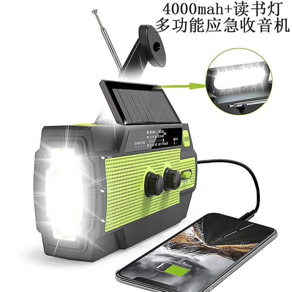 Solar nödradio Handvev väderradio med läslampa Mobilladdare Grön black American version