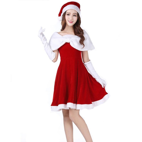 Evago 4st jultomtedräkt damtomtekostym julpyntdräkt med klänning, hatt, ett par handskar och en sjal One Size