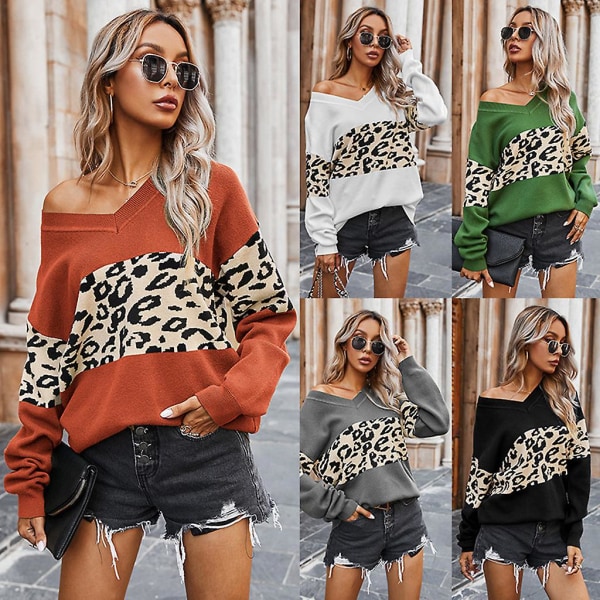 Kvinnor Leopard Color Block Stickade tröjor Långärmad Sexig V-rengas Jumper Toppar Gray S
