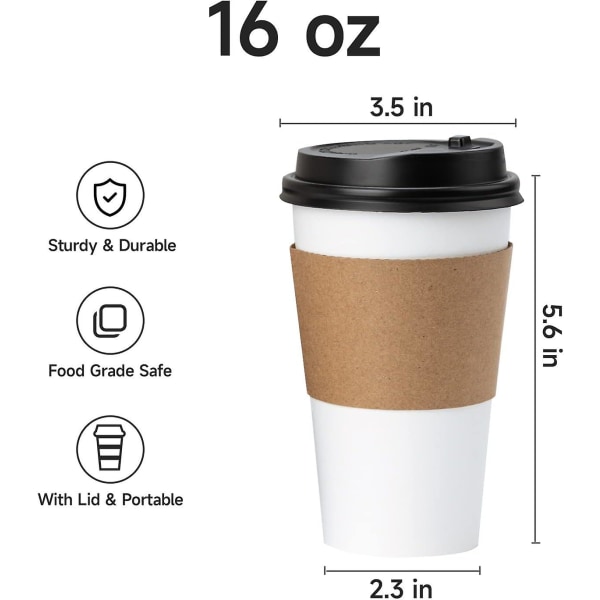 16 Oz 50-pack kaffekoppar med lock och ärmar, vita engångspappersmuggar, To  Go varma koppar för kaffe, varm vätska 0b68 | Fyndiq