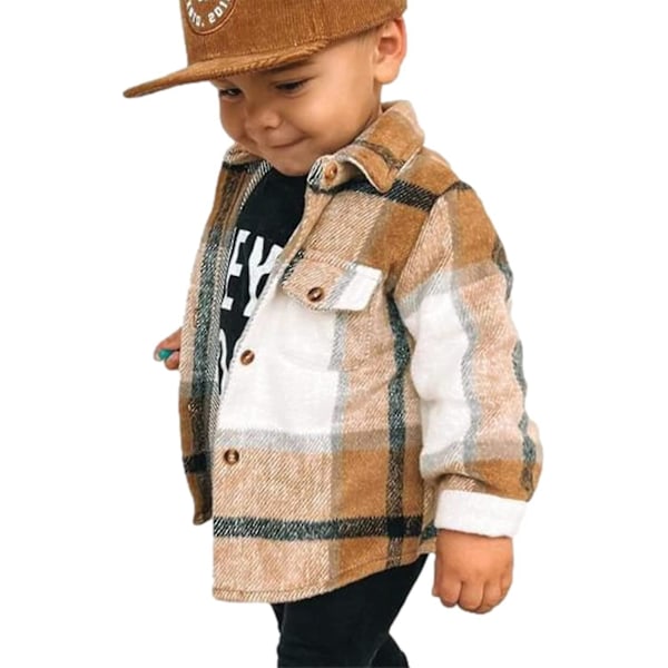 Flanellrutig skjorta jacka för babypojkar och flickor, långärmad kavajslagsknapp kappa, höst vinter ytterkläder (7-8 år, Khaki)
