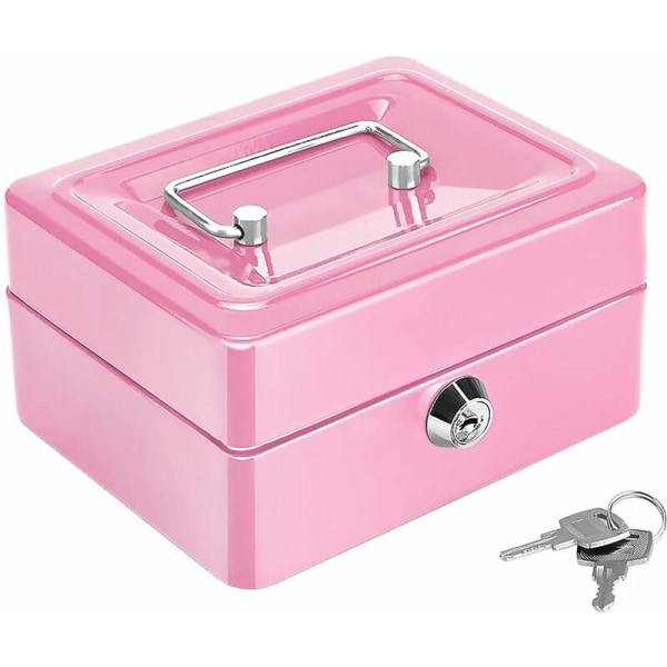 Låsbar sikkerhedsboks i stål, mini portabel sikkerhedsbox, mini portabel sikkerhedsbox i stål, med 2 nycklar, for bulkpengar, mynt (rosa)，HANBING