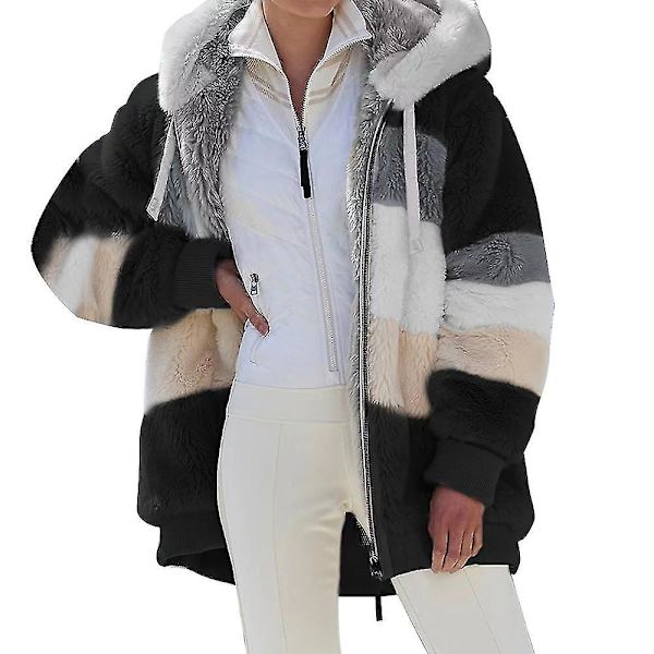 Färgblock Teddy Bear Fleece Huvjacka - Dam Vinterrock - Svart - Storlek 5XL