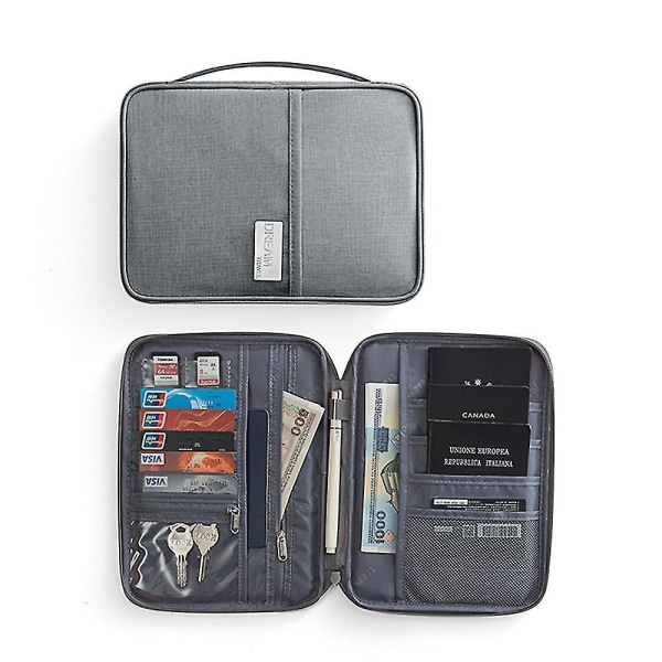 Familj Reseplånbok Pass Förvaringsväska Hållare Dokumentkortspåse Case Grey 25.5cm x 18.5cm