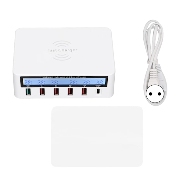 USB-telefonladerstasjon 40W 6-ports QC 3.0 Lading Hub Trådløs ladestasjon med LCD Display 100‑240V Hvit EU-kontakt