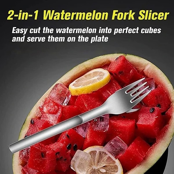 Multipurpose 2-i-1 vattenmelongaffelskärare Vattenmelonfruktskärgaffelbitar porslinsgaffel