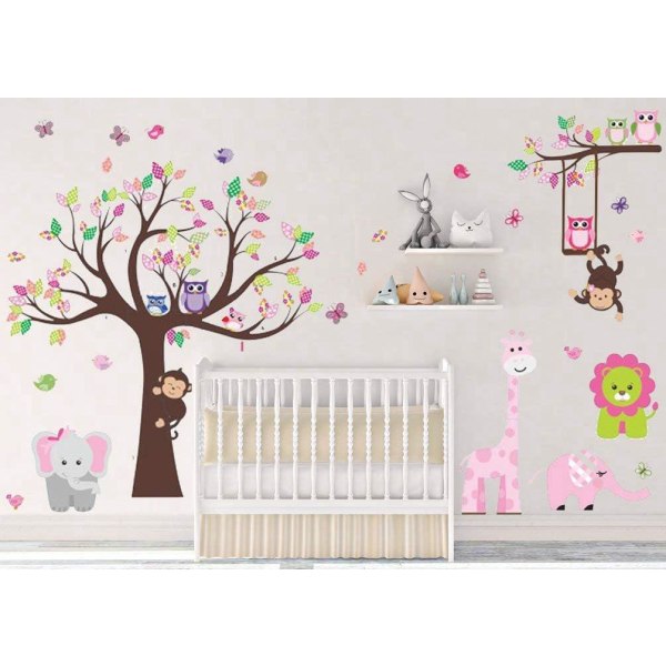 Pink Jungle-tema veggklistremerke for barn for barn, fargerikt dekorativt klistremerke for babyrom, lekerom
