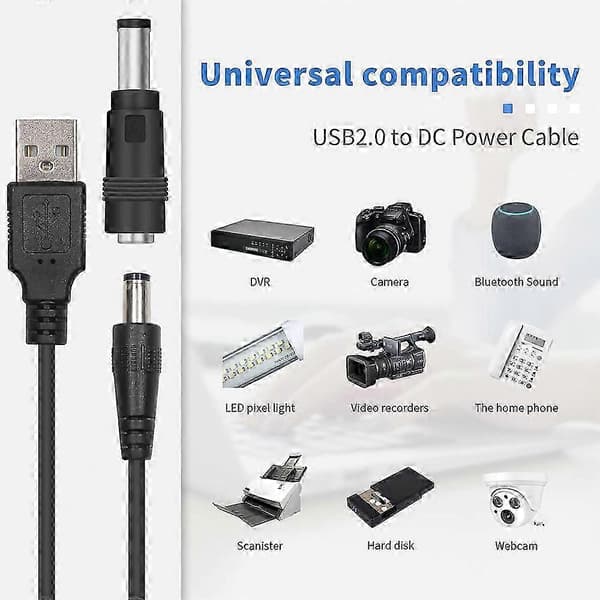 5V DC 5,5x2,1 mm strømkabel, USB til DC-stik opladerkabel kompatibel med elektronik