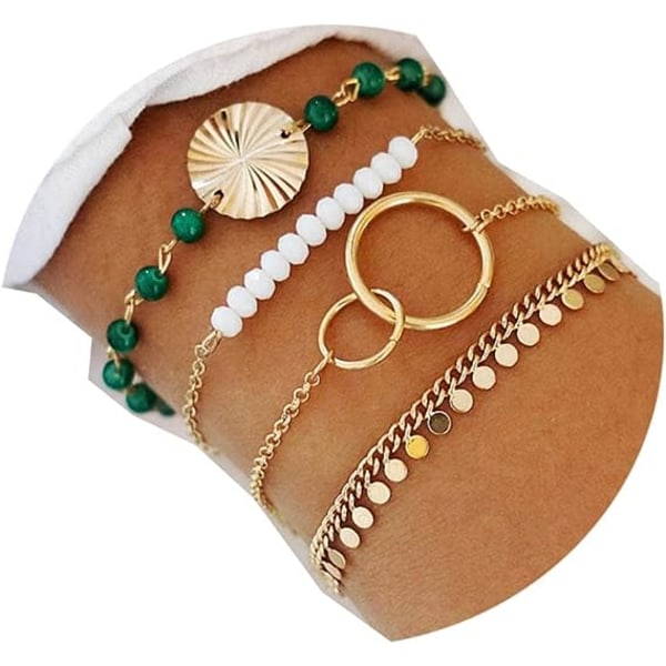 Sett med 4 bohemske armbånd i gylne perler med dusker og paljetter for kvinner og jenter