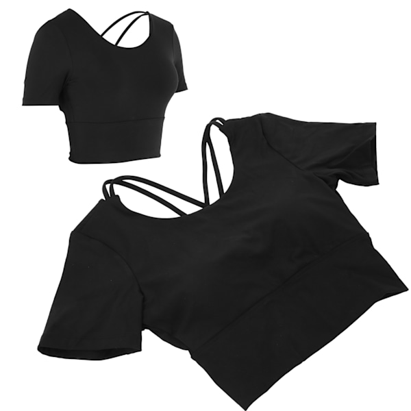Dame Sommer Sexy Sport Kortermede Topper for Yoga Fitness Trening Sportstilbehør Svart L