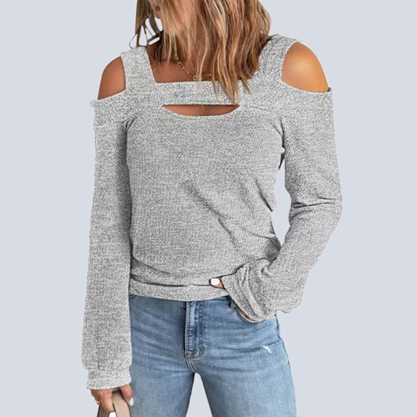 Kvinner kald skuldertopp Cut Out Design Ensfarget Stilig Langærmet Bluse for Hjemmekjøp Grå L