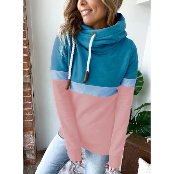 Dame Hættetrøje Pure Color Block Hættetrøje med Høj Hals Dame Casual Hættetrøje til Efterår Vinter Lake Blue and Pink XL