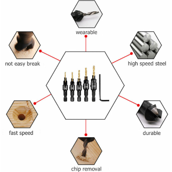 5 stycken försänkta borrskär 1/4 tum sexkantskaft + 1 sexkantnyckel Metall trä skruvhål, modell: silver