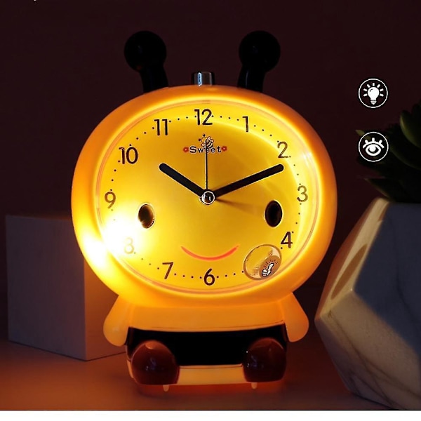 Cartoon Bee Alarm Clock med nattlampa för barns sovrumsdekor (gul)