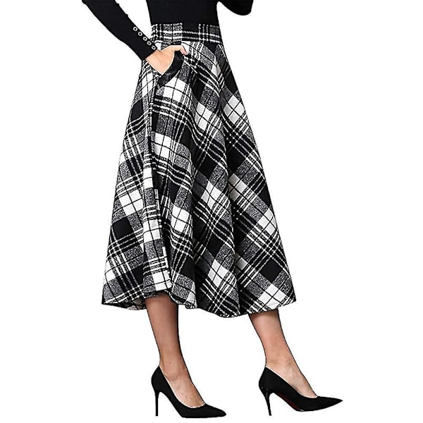 Varm Tartan Ull Maxi Kjol för Kvinnor, Svart och Vit, Plus Storlek Medium, Elastisk Midja, Mid-Vad Längd