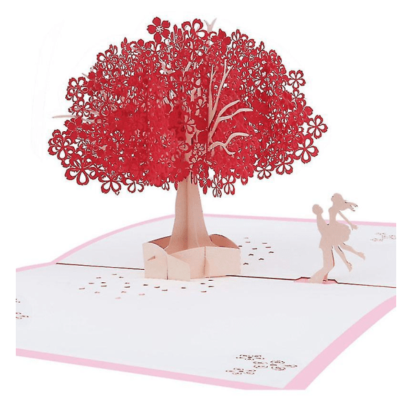 3D Pop Up -kortti, romanttinen rakastajakortti, jossa pariskunnat punaisen kirsikkapuun alla, vuosipäiväkortti
