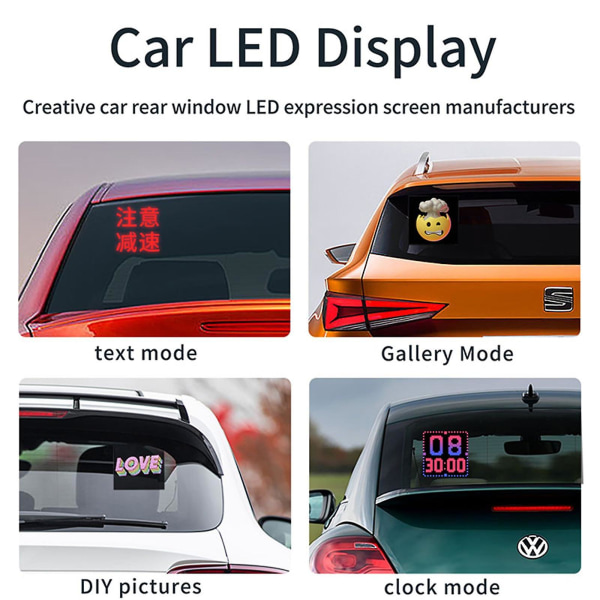 Neliönmuotoinen LED-näyttö auton takaikkunassa, muokkaa tekstiä ilmaisujen mukauttamiseksi, Bluetooth ja ohjelmiston ohjaus
