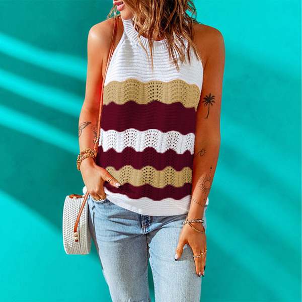 Ærmeløs haltertop sommervest Color Block Snygg damebluse Rød S
