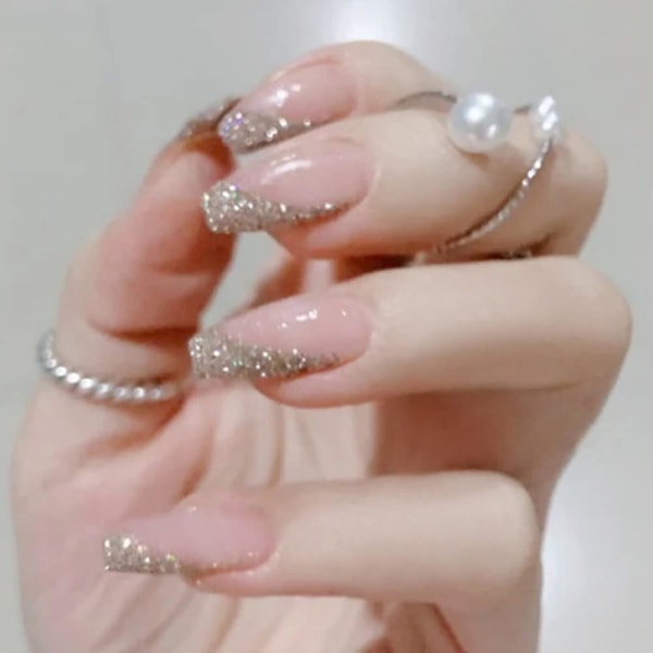 Fransk tryk på negle - Glitter Pink False Naols Søde falske negle Akryl falske negle til kvinder og piger