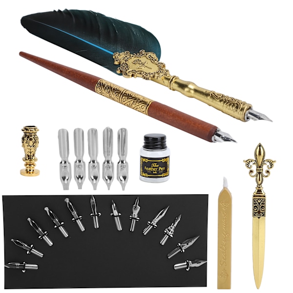 Fjäder Pen Set Kalligrafi Skriva Teckning Quill Dip Kit Vintage Art Craft CollectionSP248011R Lake Blue