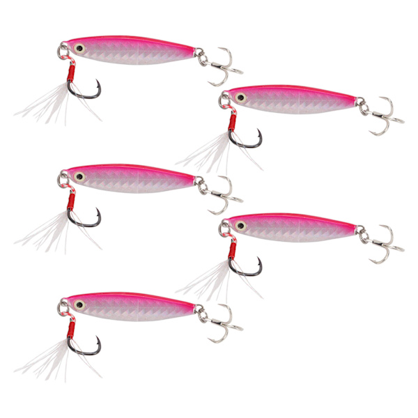 5 stk 15g Metal Vib Harde Fiskebeten Jigging Fiskebeten Kunstige Harde Lokker med Paljett Laser Fjærkrok Rosa