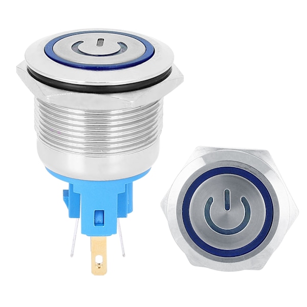 2st DC3-6V 22mm 6-stifts självlåsande slitstark tryckknappsbrytare i rostfritt stål med skyltblått