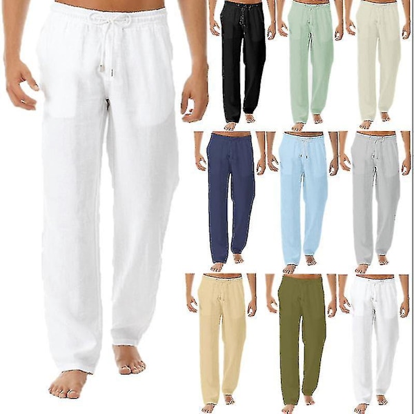 Blue Linen Baggy Pants with Elastic Waist for Men, Casual Beach Wear