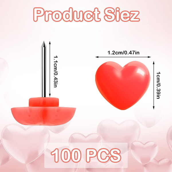 100 stykker vegg-push-nåler, 0,47-tommers hjerteformede dekorative push-nåler for hjem, skole, kontor, oppslagstavle og korktavle (rød)