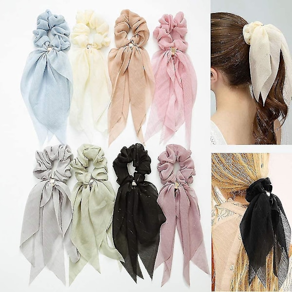 Dubbellagers Chiffon Kaninöron Hästsvans Hår Scrunchies - 8 Pack