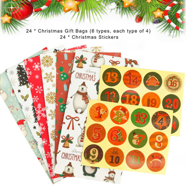 Julepose 24 sæt juleslik og snacks papirpose emballagepose 24 papirposer 24 sæt klistermærker