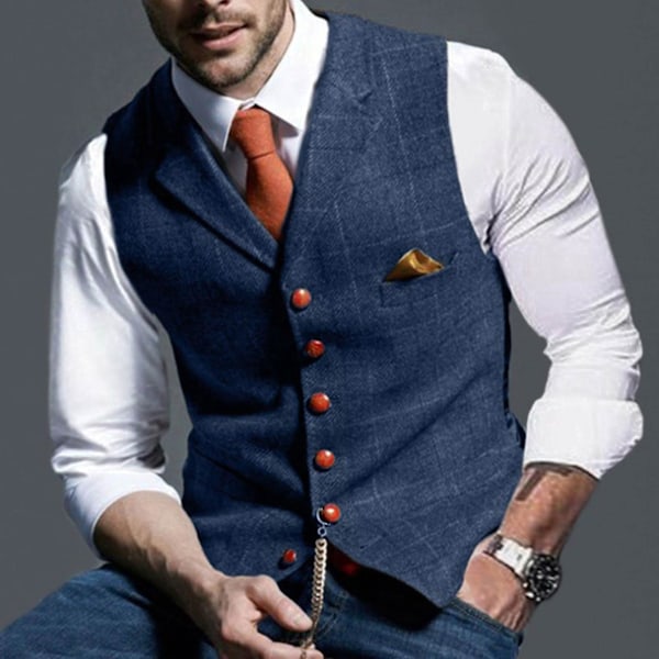 Blue Slim Fit Business Vest with Lattice Design