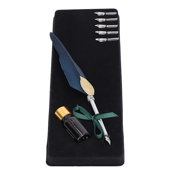 Quill Pen Set Utsökt fjäderdesign Retro ihålig kalligrafipenna med tom bläckflaska Metallspets SP101033 Marinblå