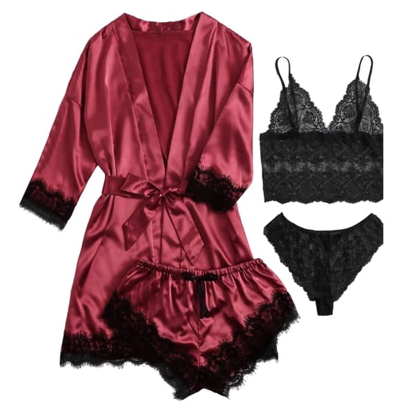 4st Kvinnor Satin Pyjamas Set Blommor Spets Trim Camisole Underkläder Sovkläder med Robe M Röd