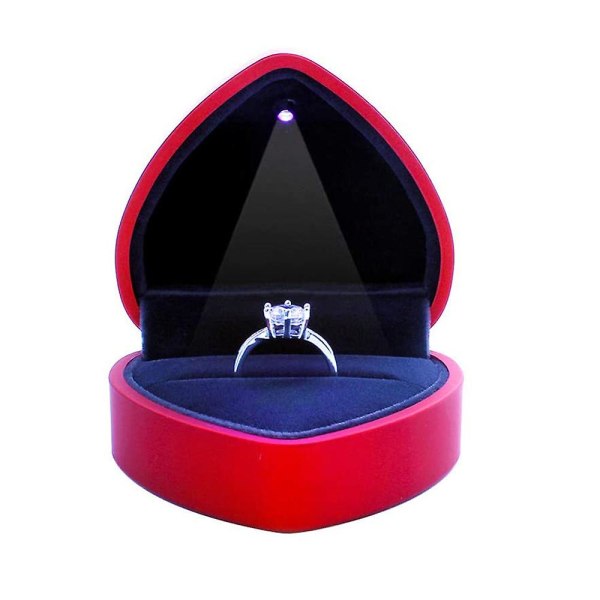Hjärtformad ringlåda, sammetshållare Smycken Organizer med LED-ljus För förslag Förlovning Bröllopsceremoni Födelsedagspresent, röd