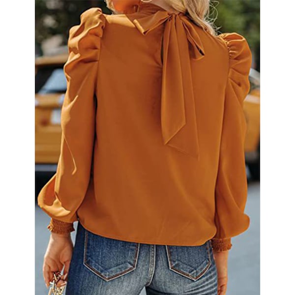 Kvinnor långa puffärmade toppar Skjorta Moderiktig Elegant Lös Casual Pure Color Höghalsad blus för arbete Orange XXL