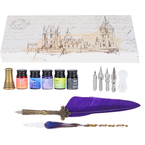 Kalligrafi Pen Set Glas Bläck Fjäder Reservoarpenna med utbytbar spets Skriva presentförpackning SP118014 Lila