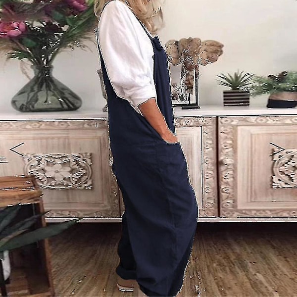 Blå Linned Casual Overalls med Seler til Kvinder