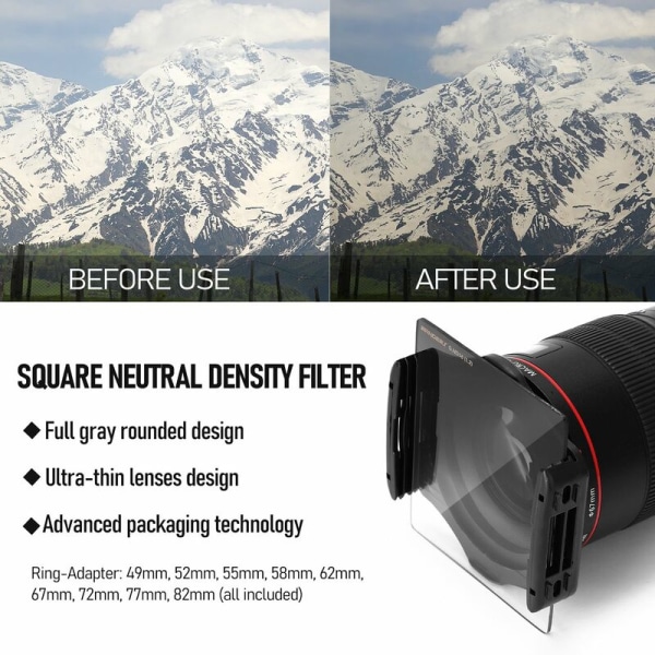 Firkantet filtersett med nøytral tetthet ND2+4+8+16 filtersett med ringadapter og filterholder Kamerafotografitilbehør, modell: flerfarget
