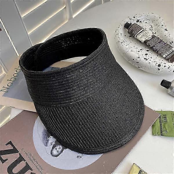 Solbeskyttelse med stor skygge, foldbar hat, sommerhat, solbeskyttelse, sommerhat, stråstrandhat (khaki) Black