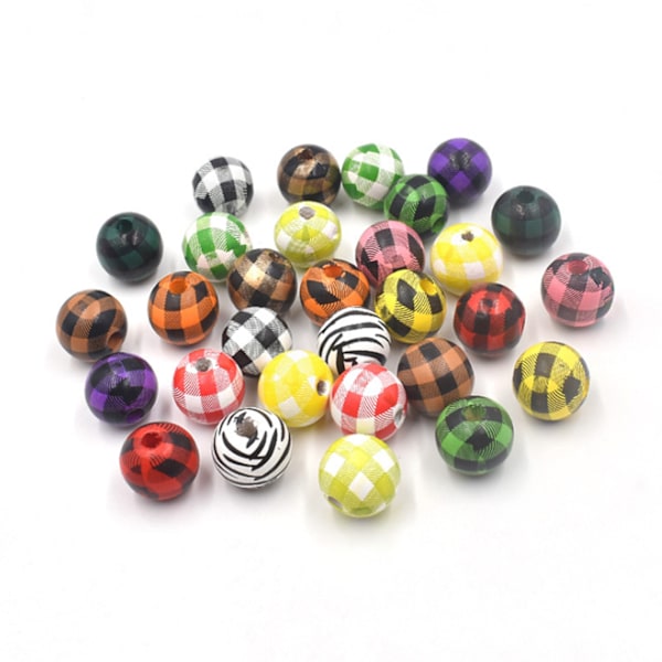 100 kpl Puupalloja Valkoinen Punainen Ruutukuvioinen Hieno Pyöreä Space Beads 16mm