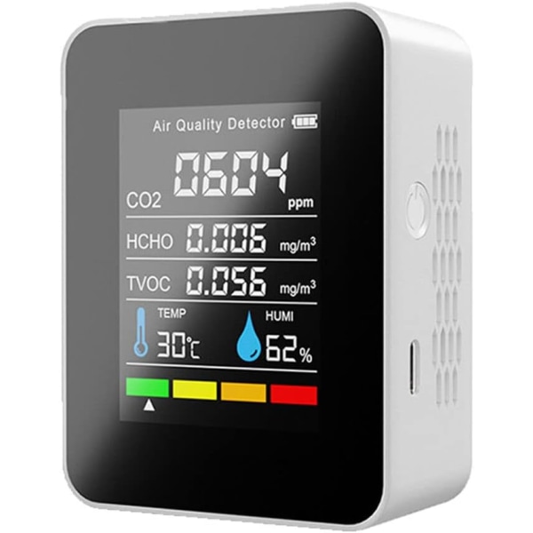 5 i 1 indendørs luftkvalitet -Monitor - CO2 HCHO TVOC AQI Detektor - Hvid