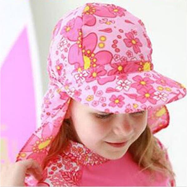 Solhatt for barn, gutter, jenter, bred brem, sommerstrandhatt med nakkeklaff for svømming, strandlek, blomst