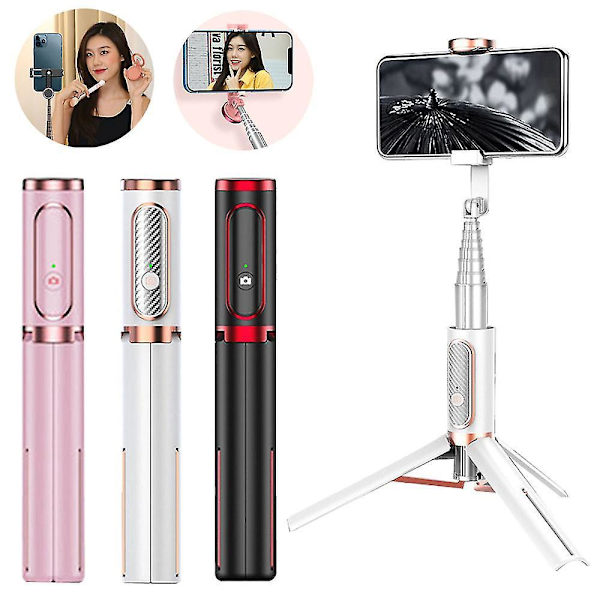 Integrerad teleskopisk Bluetooth Selfie Stick med stativ i aluminiumlegering och telefonhållare i rosa färg