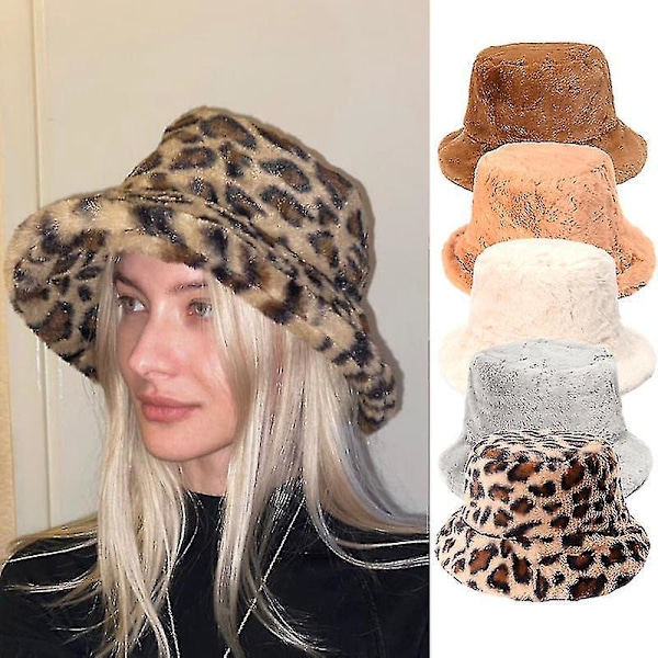 Leopard Print Faux Fur Fluffy Spandau Hat til Kvinder - Grå