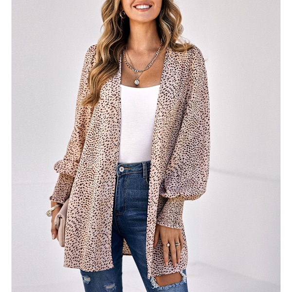 Kvinder Lanternærme Cardigan Mode Klassisk Leopard Print Efterår Vinter Langærmet Trykte Bluser Toppe Aprikos S